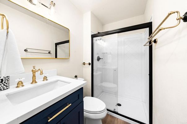 Bathroom, Glass Shower, Interior, Wood Texture Flooring