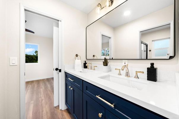 Bathroom, Dual Sink Vanities, Interior, Recessed Lighting, Wood Texture Flooring