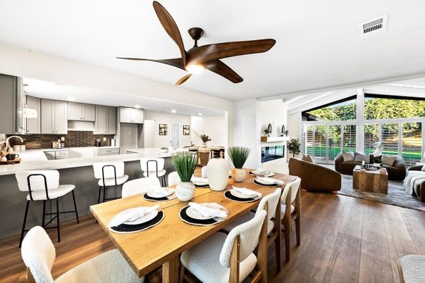 Dining room, Interior, Kitchen, Living room, Recessed Lighting, Stainless Steel Appliances, Wood Texture Flooring