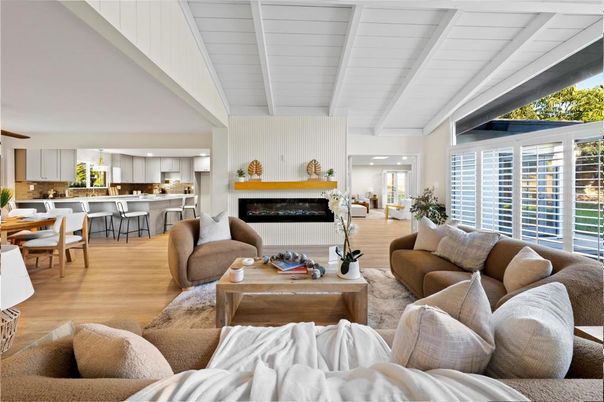 Dining room, Fireplace, Interior, Kitchen, Living room, Wood Texture Flooring