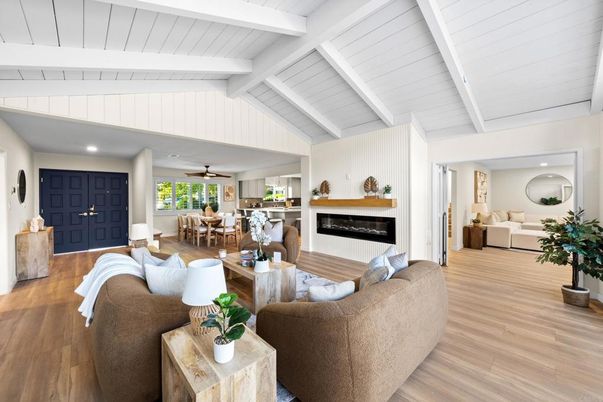 Dining room, Fireplace, Interior, Living room, Recessed Lighting, Wood Texture Flooring