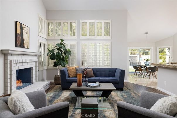 Dining room, Fireplace, Interior, Living room, Pendant Lights, Wood Texture Flooring