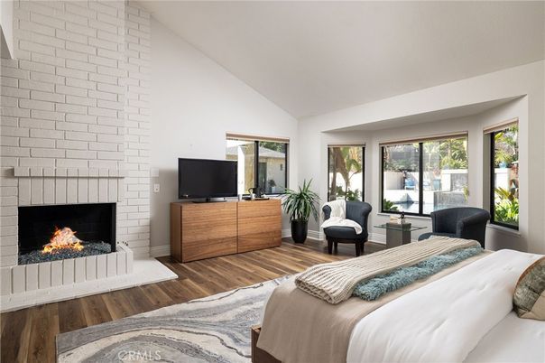 Bedroom, Fireplace, Interior, Stone Walls, Wood Texture Flooring