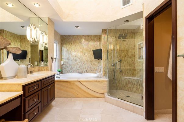 Bathroom, Dual Sink Vanities, Glass Shower, Interior, Recessed Lighting, Wood Texture Flooring