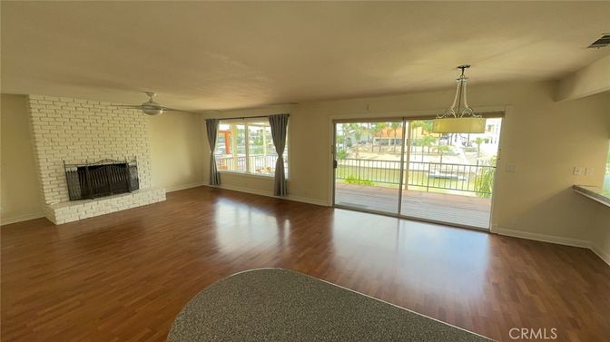 Empty room, Fireplace, Interior, Pendant Lights, Stone Walls, Wood Texture Flooring