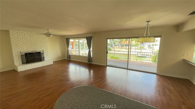 Empty room, Fireplace, Interior, Stone Walls, Wood Texture Flooring