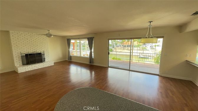 Empty room, Fireplace, Interior, Stone Walls, Wood Texture Flooring
