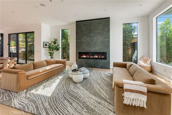 Fireplace, Interior, Living room, Recessed Lighting, Wood Texture Flooring