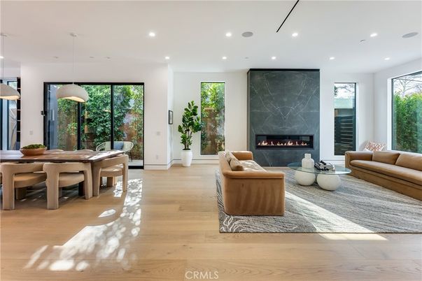 Dining room, Fireplace, Interior, Living room, Pendant Lights, Recessed Lighting, Wood Texture Flooring
