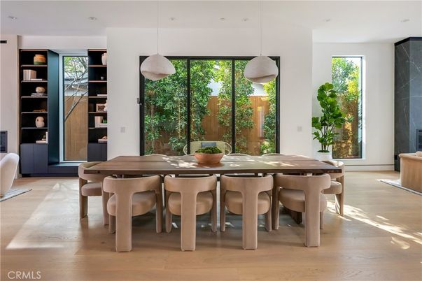 Dining room, Interior, Pendant Lights, Wood Texture Flooring