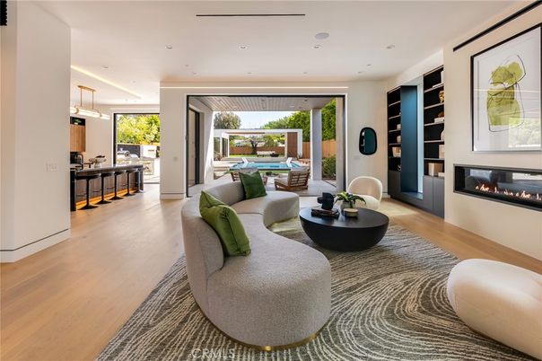 Billiard Table, Fireplace, Interior, Kitchen, Living room, Pendant Lights, Recessed Lighting, Wood Texture Flooring