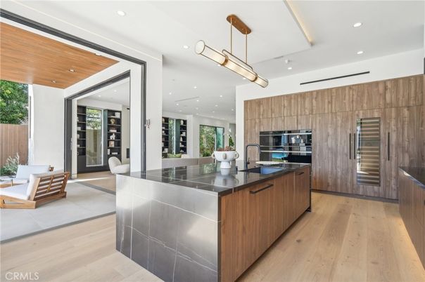 Interior, Kitchen, Pendant Lights, Recessed Lighting, Stainless Steel Appliances, Wooden Ceilings, Wood Texture Flooring