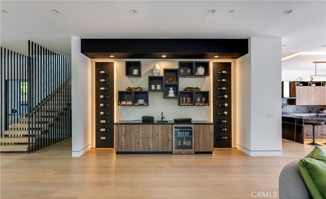 Interior, Kitchen, Pendant Lights, Recessed Lighting, Wine Storage, Wood Texture Flooring