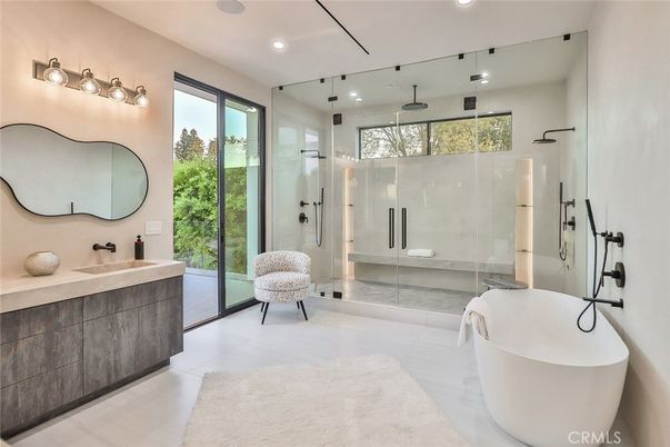 Bathroom, Free Standing Baths, Glass Shower, Interior, Recessed Lighting