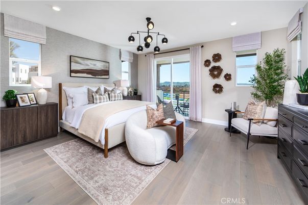 Bedroom, Interior, Pendant Lights, Recessed Lighting, Wood Texture Flooring