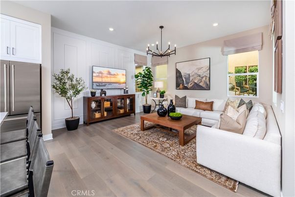 Interior, Living room, Pendant Lights, Recessed Lighting, Stainless Steel Appliances, Wood Texture Flooring