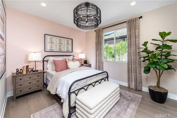 Bedroom, Interior, Pendant Lights, Recessed Lighting, Wood Texture Flooring