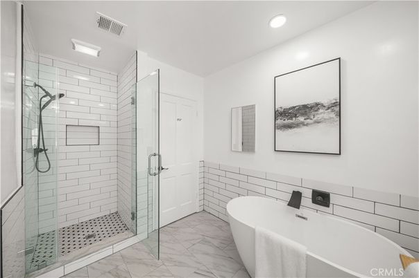Bathroom, Free Standing Baths, Glass Shower, Interior, Marble, Recessed Lighting