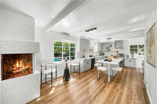 Dining room, Fireplace, Interior, Kitchen, Pendant Lights, Stone Walls, Wood Texture Flooring