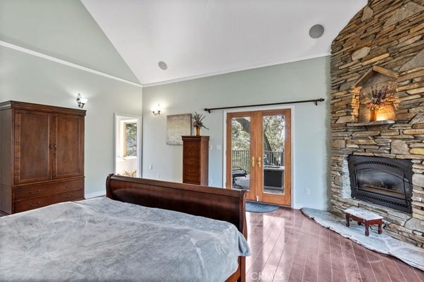 Bedroom, Fireplace, Interior, Stone Walls, Wood Texture Flooring