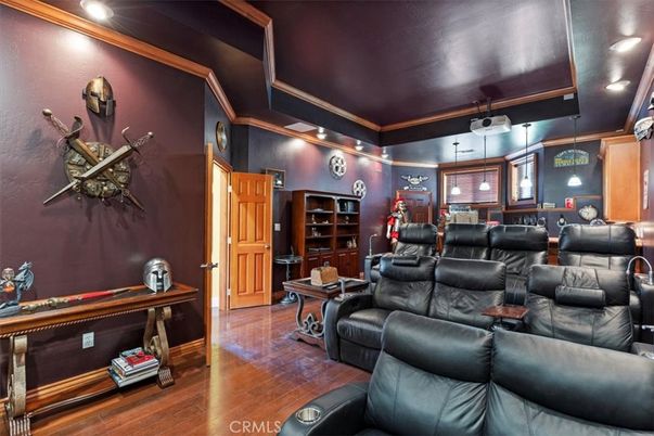 Home Theatre Room, Interior, Pendant Lights, Recessed Lighting, Theatre Room, Wood Texture Flooring