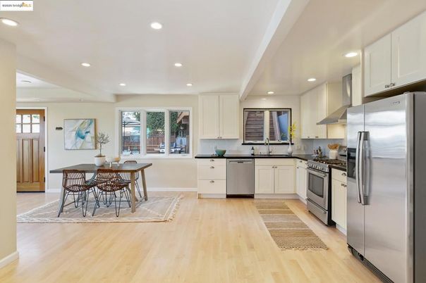 Dining room, Interior, Kitchen, Recessed Lighting, Stainless Steel Appliances, Wood Texture Flooring