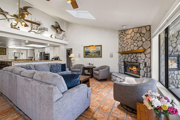 Fireplace, Interior, Kitchen, Living room, Recessed Lighting, Stone Walls