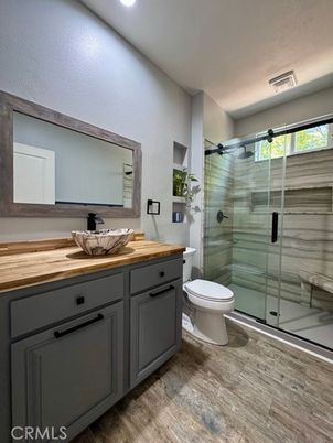Bathroom, Glass Shower, Interior, Recessed Lighting, Wood Texture Flooring