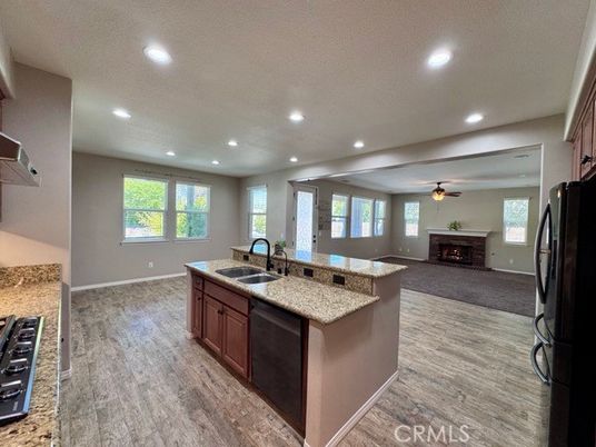 Fireplace, Interior, Kitchen, Recessed Lighting, Wood Texture Flooring