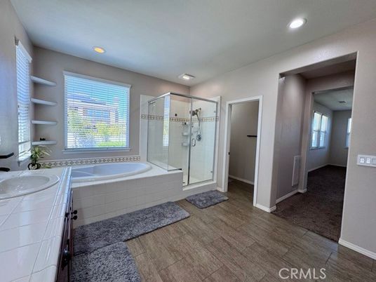 Bathroom, Dual Sink Vanities, Glass Shower, Interior, Recessed Lighting, Tile Countertops