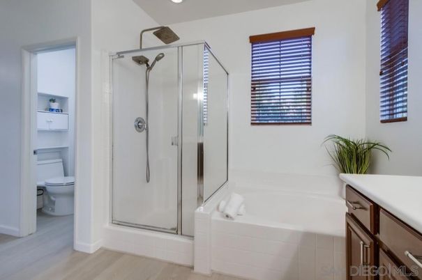 Bathroom, Glass Shower, Interior, Recessed Lighting, Wood Texture Flooring