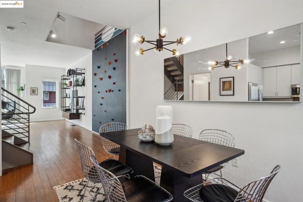 Dining room, Interior, Kitchen, Pendant Lights, Recessed Lighting, Wood Texture Flooring