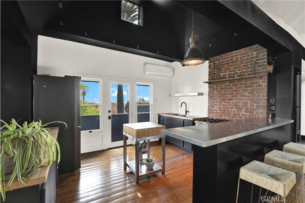 Interior, Kitchen, Pendant Lights, Stone Walls, Wood Texture Flooring