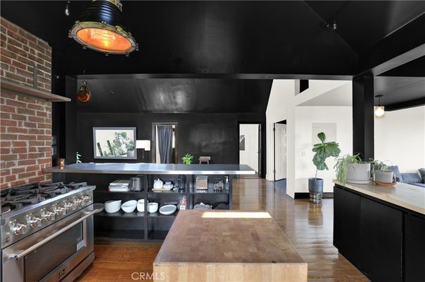 Interior, Kitchen, Pendant Lights, Stone Walls, Wood Texture Flooring