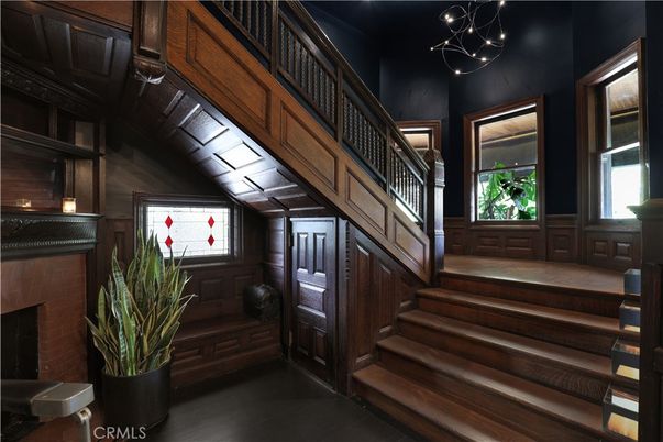 Chandelier, Fireplace, Interior, Wooden Walls
