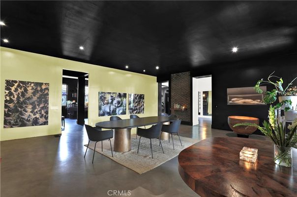 Dining room, Fireplace, Interior, Recessed Lighting, Stone Walls