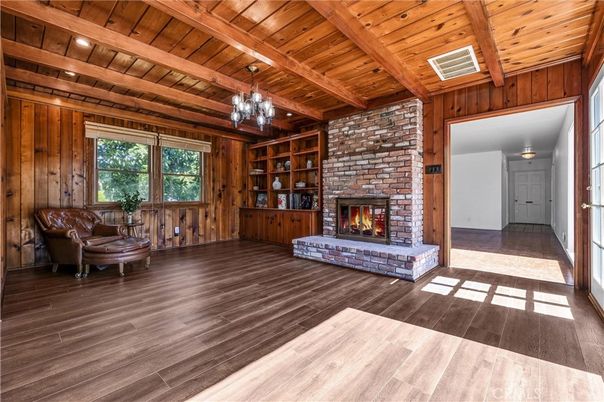 Chandelier, Empty room, Fireplace, Interior, Stone Walls, Wooden Beams, Wooden Ceilings, Wood Texture Flooring, Wooden Walls
