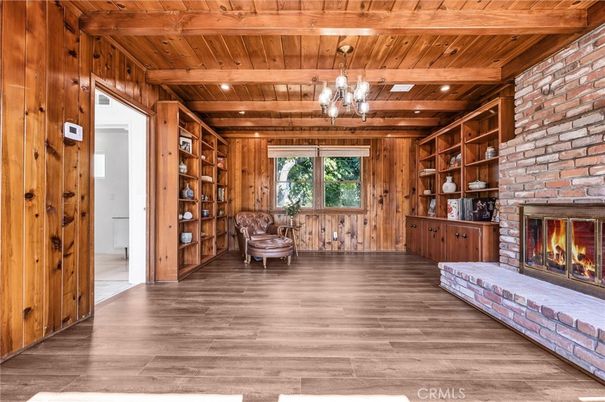 Chandelier, Fireplace, Interior, Recessed Lighting, Stone Walls, Wooden Beams, Wooden Ceilings, Wood Texture Flooring, Wooden Walls