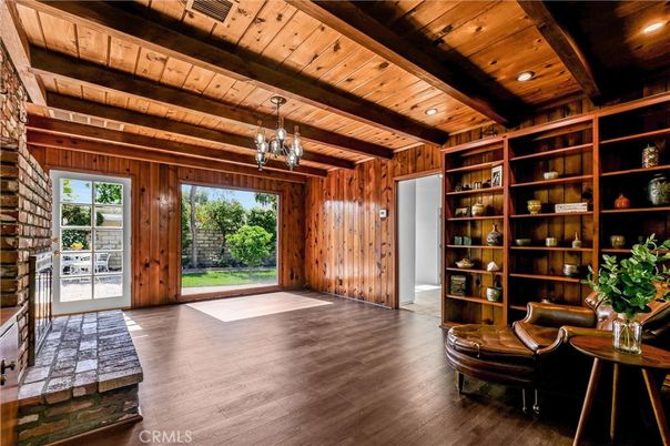 Empty room, Fireplace, Interior, Pendant Lights, Recessed Lighting, Wooden Beams, Wooden Ceilings, Wood Texture Flooring, Wooden Walls