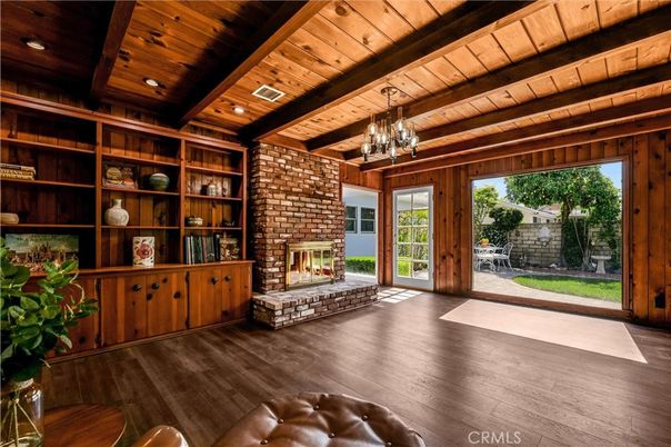 Chandelier, Fireplace, Interior, Recessed Lighting, Stone Walls, Wooden Beams, Wooden Ceilings, Wood Texture Flooring, Wooden Walls