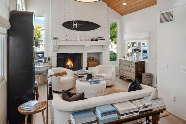 Fireplace, Interior, Living room, Recessed Lighting, Stone Walls, Wooden Ceilings, Wood Texture Flooring
