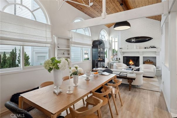 Dining room, Fireplace, Interior, Living room, Pendant Lights, Wooden Beams, Wooden Ceilings, Wood Texture Flooring