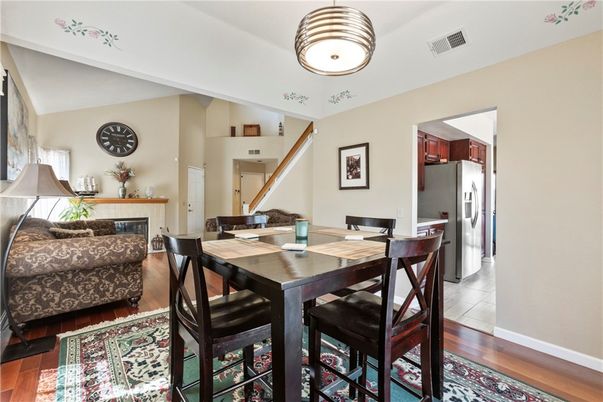 Dining room, Fireplace, Interior, Kitchen, Wood Texture Flooring