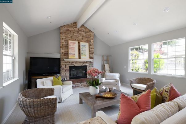 Fireplace, Interior, Living room, Recessed Lighting, Stone Walls