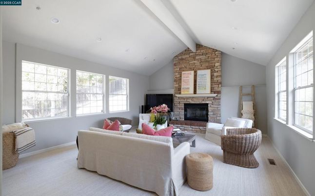 Fireplace, Interior, Living room, Recessed Lighting, Stone Walls
