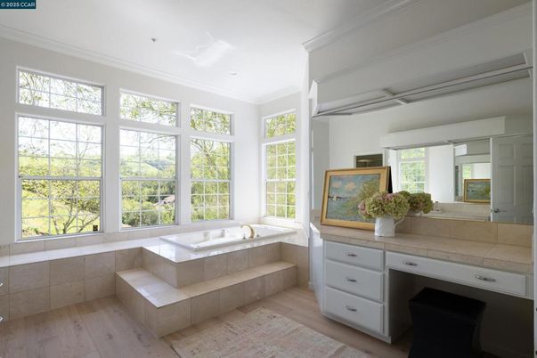 Bathroom, Interior, Recessed Lighting, Tile Countertops, Wood Texture Flooring