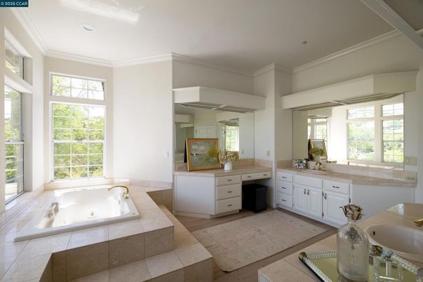 Bathroom, Dual Sink Vanities, Interior, Recessed Lighting, Wood Texture Flooring
