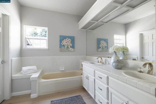 Bathroom, Dual Sink Vanities, Interior, Tile Countertops, Wood Texture Flooring