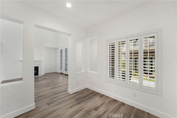 Empty room, Fireplace, Interior, Recessed Lighting, Wood Texture Flooring