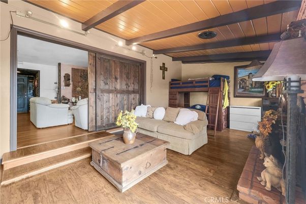 Fireplace, Interior, Living room, Recessed Lighting, Wooden Beams, Wooden Ceilings, Wood Texture Flooring
